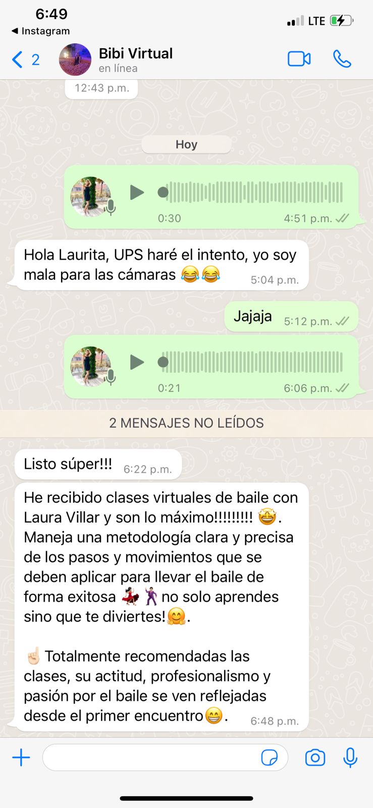 Testimonio de una alumna por WhatsApp